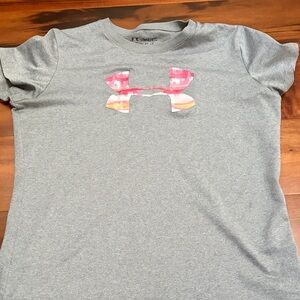Under Armour Kids Gray Tee with Pink and Orange Logo